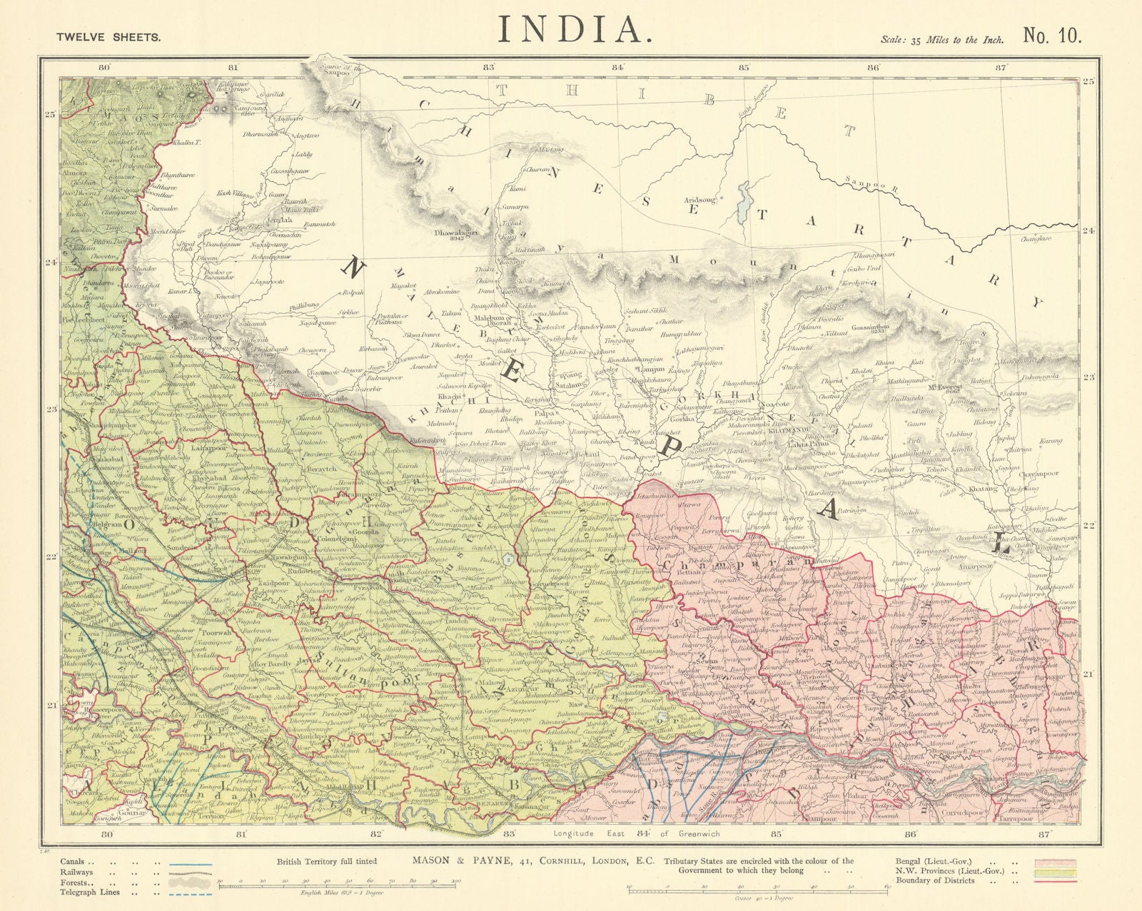 NEPAL & NORTHERN INDIA. Ganges Lucknow Kanpur Varanasi. Railways. LETTS 1892 map